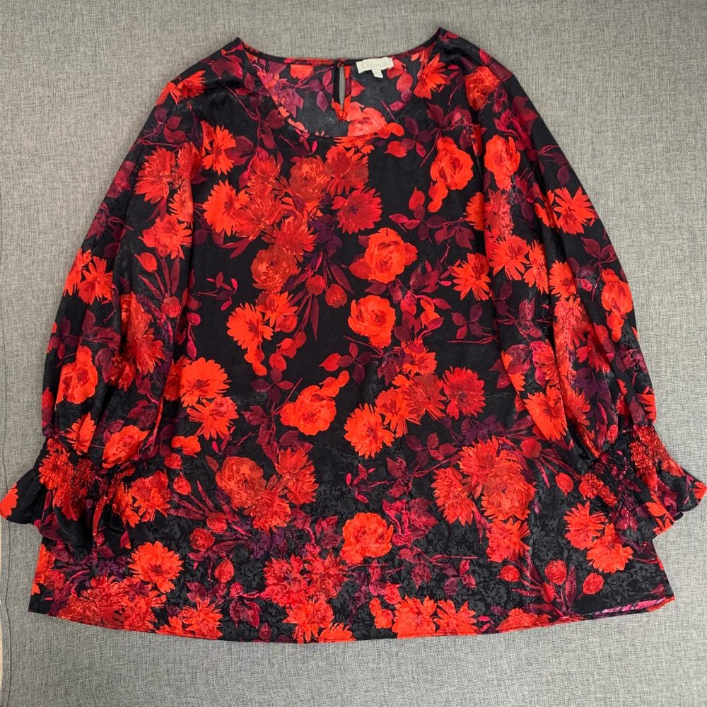 Chenault Floral Blouse Long‎ Sleeve Red Black Ruffled Sleeve Hem Size  22/24